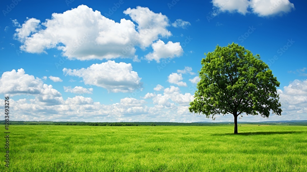 Obraz premium Single Tree in a Verdant Field Under a Bright Blue Sky