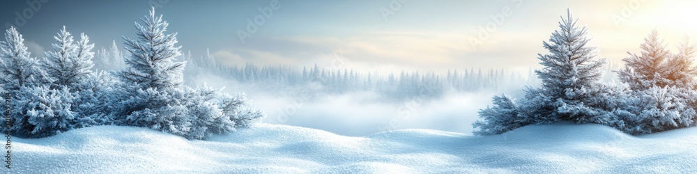 Obraz premium Winter landscape with snow-covered trees and a soft glowing sky, creating a serene and peaceful frozen environment.