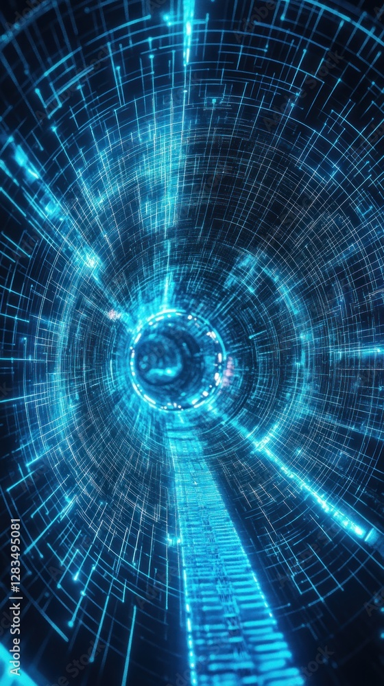 Fototapeta premium Futuristic abstract 3D portal design with a blue grid pattern. Tech-inspired wireframe tunnel with neon mesh elements and a geometric structure