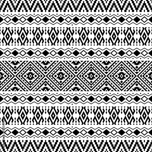 Inspired by indigenous art, this seamless black and white horizontal pattern features bold geometric repetition, perfect for fashion, packaging, and decorative designs.