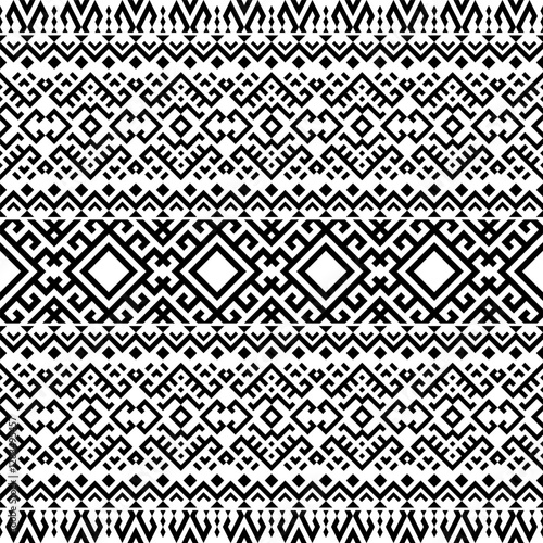 Inspired by indigenous art, this seamless black and white horizontal pattern features bold geometric repetition, perfect for fashion, packaging, and decorative designs.