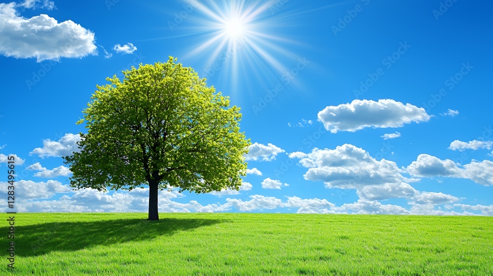 Fototapeta premium Single Tree in Green Field Under Bright Sunny Sky