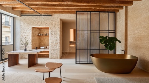 A luxurious bathroom featuring a freestanding tub against a newly installed transparent glass partition.