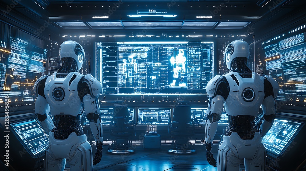 A hyper-modern robotics facility, illuminated by neon blue and white LED lights, where autonomous AI-powered machines construct intelligent androids. Engineers collaborate with AI-driven systems, A hyper-modern robotics facility, illuminated by neon blue and white LED lights, where autonomous AI-powered machines construct intelligent androids. Engineers collaborate with AI-driven systems,
