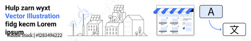 Urban buildings with solar panels beside e-commerce storefront webpage and language translation icons. Ideal for business growth, urban development, e-commerce, sustainability, technology