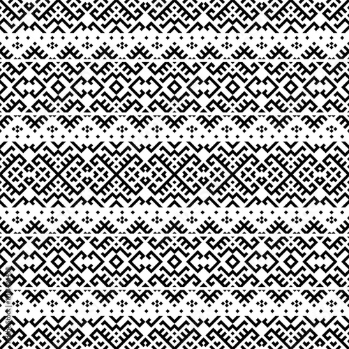 Black and white seamless tribal pattern with geometric square motifs, inspired by Aztec, Inca, and Navajo art. Perfect for backgrounds, textiles, and digital designs.