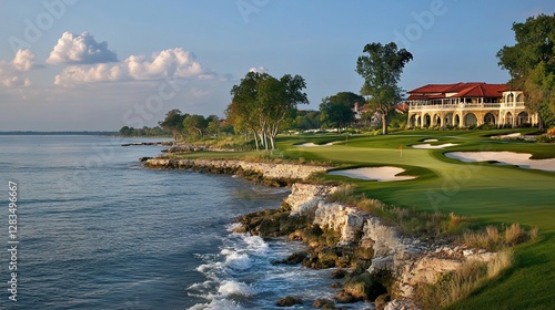 Oceanside golf course, clubhouse, sunset, Caribbean