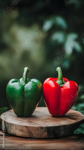 Two red peppers and two green bell peppers on the table
