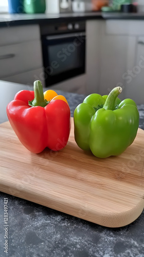 Two red peppers and two green bell peppers on the table
