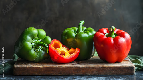 Two red peppers and two green bell peppers on the table
