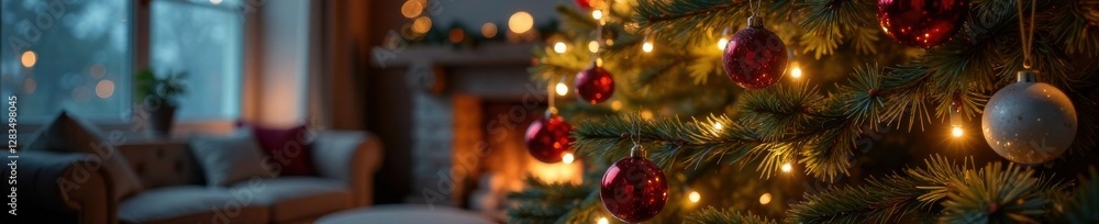 Christmas tree in living room with ornaments and lights, winter wonderland, holly leaves Christmas tree in living room with ornaments and lights, winter wonderland, holly leaves