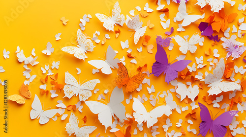 Intricate Paper Butterflies in Orange, White, and Purple on Yellow Background
