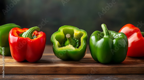 Two red peppers and two green bell peppers on the table
