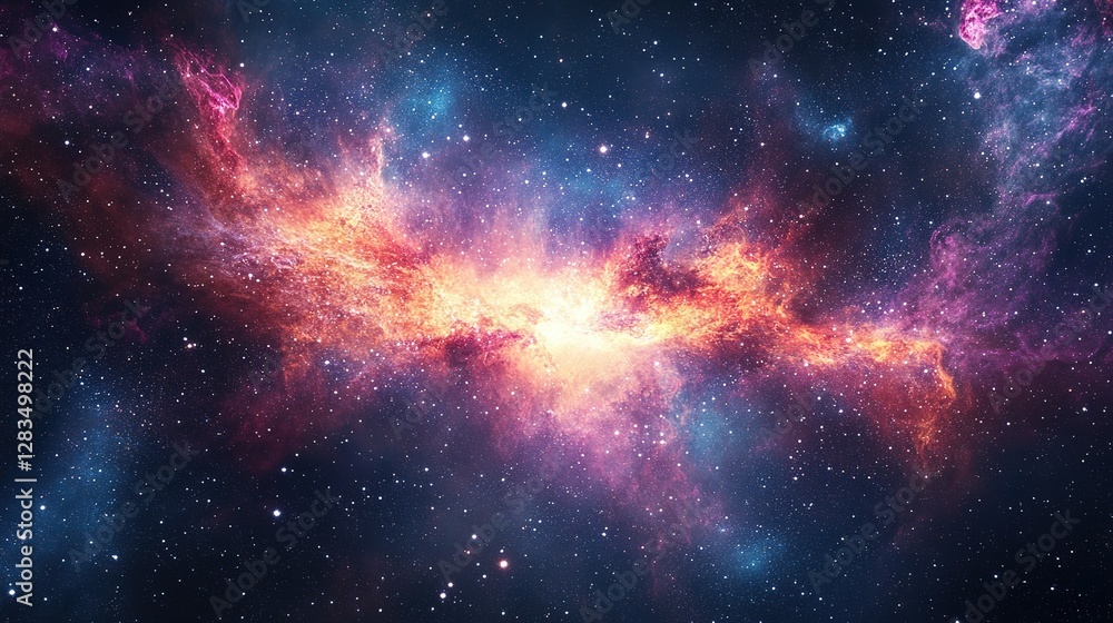 Massive glowing radio wave jet extending across starry cosmic landscape, soft focus distant galaxies background Massive glowing radio wave jet extending across starry cosmic landscape, soft focus distant galaxies background