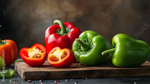 Two red peppers and two green bell peppers on the table

