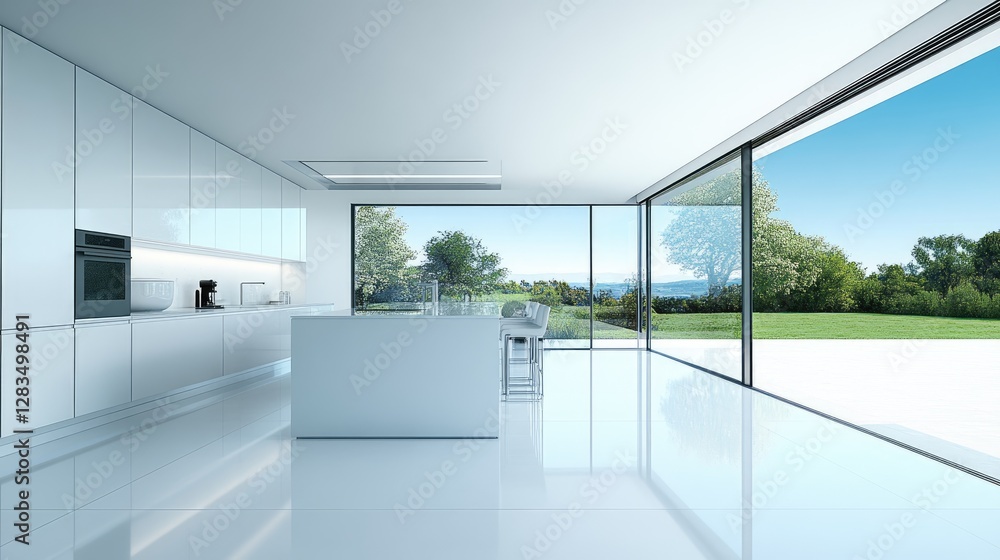 Fototapeta premium A modern kitchen with newly installed sleek porcelain tiles, reflecting warm natural light.