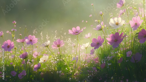 Dreamy Cosmos Flower Field in Soft Spring Light. Beautiful Pink and White Cosmos Flowers in Bloom
