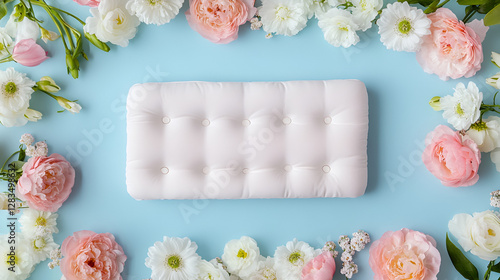 Spring Floral Frame with Soft Pink and White Flowers on Blue Background
