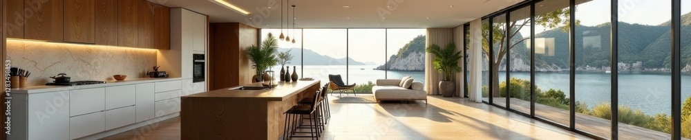 Modern kitchen seamlessly flows into expansive living area, home staging, contemporary Modern kitchen seamlessly flows into expansive living area, home staging, contemporary