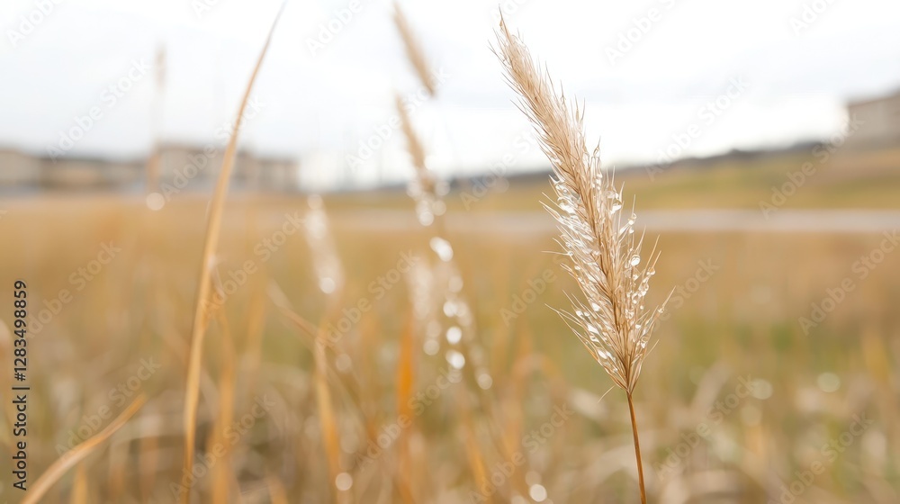 Fototapeta premium Dew-covered grass, suburban background, autumnal field, nature photography