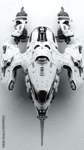 Futuristic gunship or very detailed flying military machine with heavy wepons. Front upper view isolated on gray background. 3D illustration --