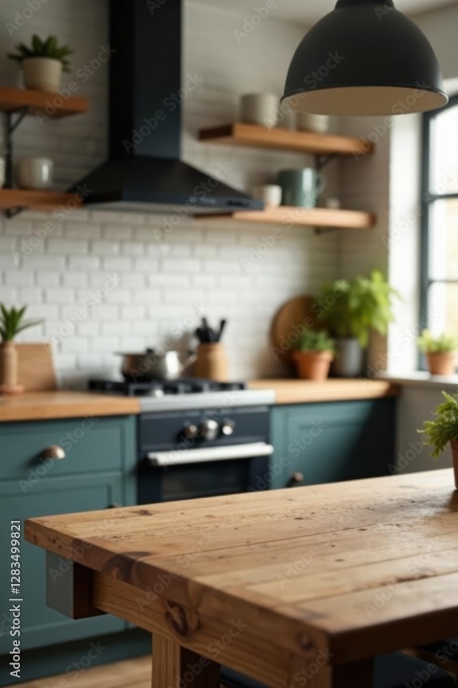 Fototapeta premium Rustic wooden kitchen countertop, blurred Scandinavian kitchen, wooden, light, minimal