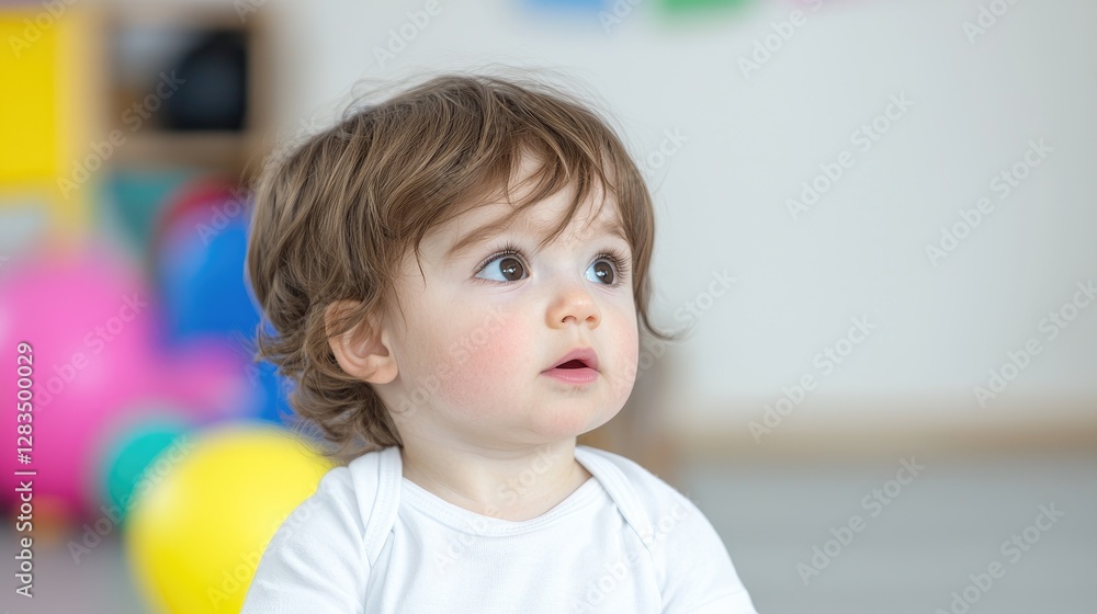 Curious toddler in playroom, looking up, colorful balls Curious toddler in playroom, looking up, colorful balls