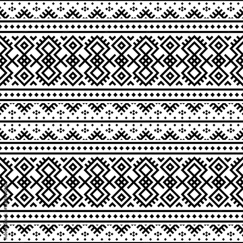 A striking horizontal seamless pattern with intricate tribal-inspired geometric designs in black and white. Great for branding, packaging, and home decor. A striking horizontal seamless pattern with intricate tribal-inspired geometric designs in black and white. Great for branding, packaging, and home decor.