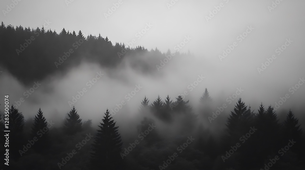 Mystical Forest Landscape with Fog Rolling Through the Evergreen Trees Mystical Forest Landscape with Fog Rolling Through the Evergreen Trees