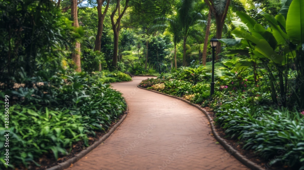 Winding path, lush garden, tranquility Winding path, lush garden, tranquility