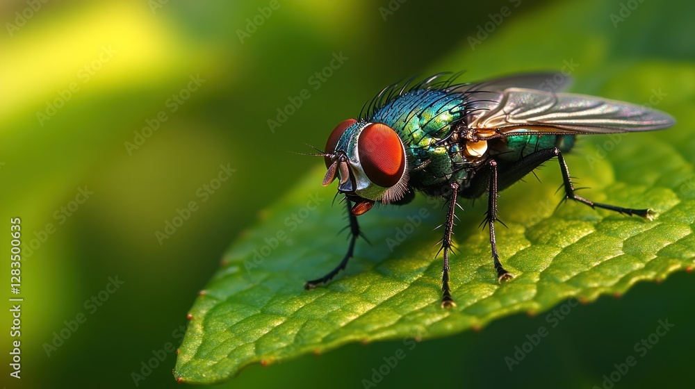 Close-up of a colorful fly resting on a green leaf Close-up of a colorful fly resting on a green leaf
