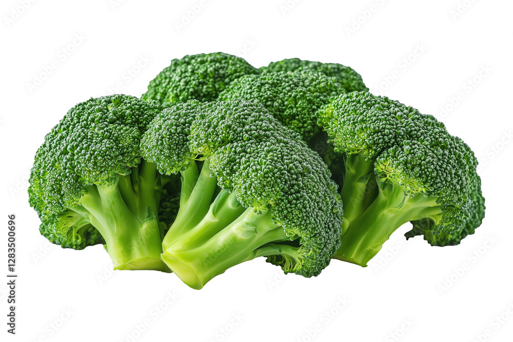 A fresh green broccoli floret with detailed texture isolated on white transparent background. Concept of healthy eating, organic food, and vegetarian diet A fresh green broccoli floret with detailed texture isolated on white transparent background. Concept of healthy eating, organic food, and vegetarian diet