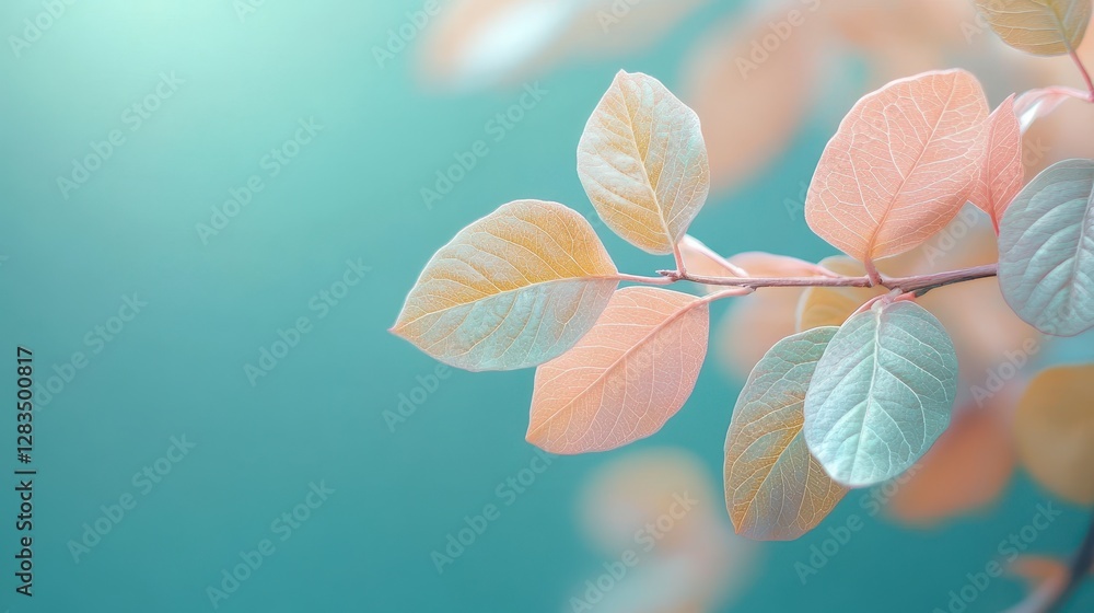 Pastel Leaves on a Branch Close Up with Soft Lighting and Teal Background Pastel Leaves on a Branch Close Up with Soft Lighting and Teal Background