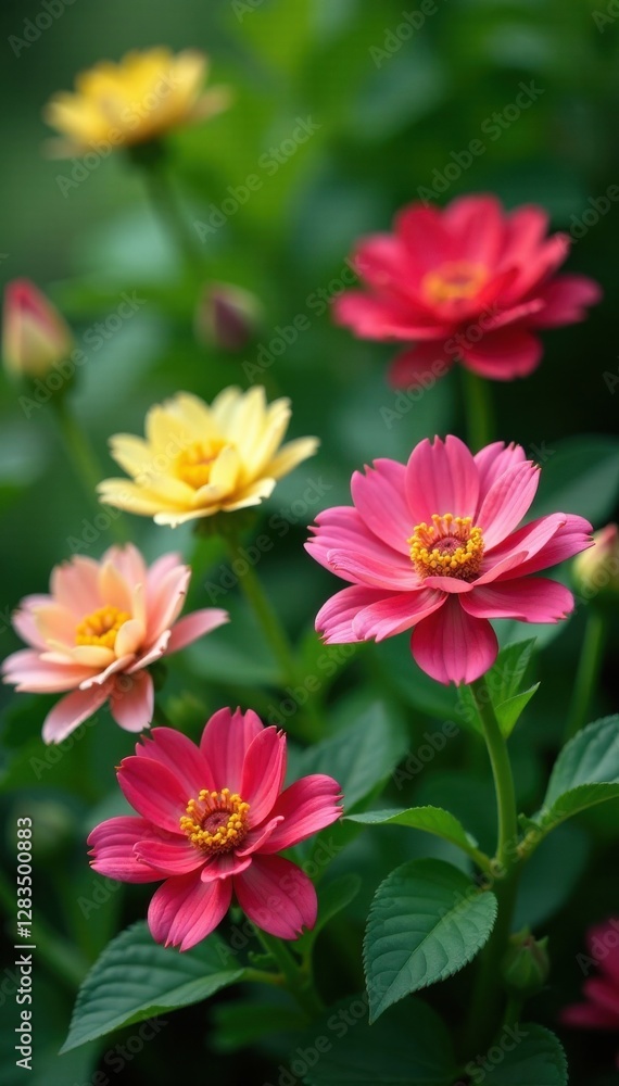 Flowers blooming in garden amidst leafy greens, nature, background
