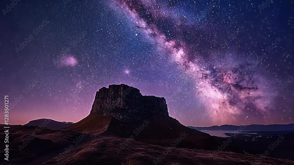 Majestic mountain under a starry sky with the Milky Way, creating a serene night landscape Majestic mountain under a starry sky with the Milky Way, creating a serene night landscape