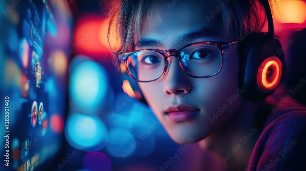 Young gamer focused on competitive play in brightly lit gaming setup during evening hours Young gamer focused on competitive play in brightly lit gaming setup during evening hours