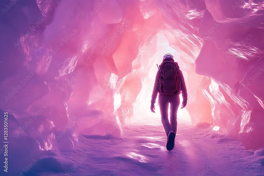 Woman Hiking Frozen Cave Tunnel Woman Hiking Frozen Cave Tunnel