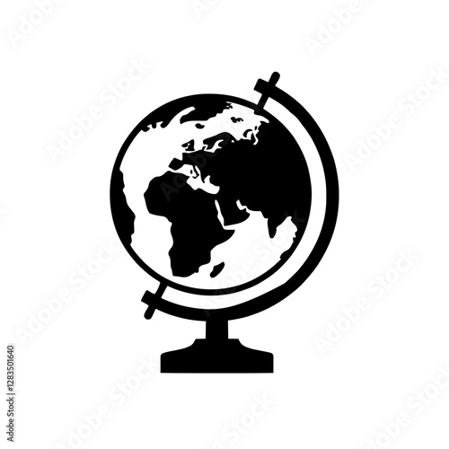 Minimalist black silhouette of a globe stand with longitude and latitude lines