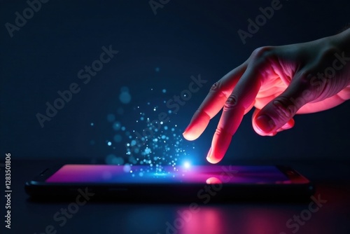 Finger extends to touch phone screen on a dark background, highlighting social media presence , digital life, online presence, virtual connection