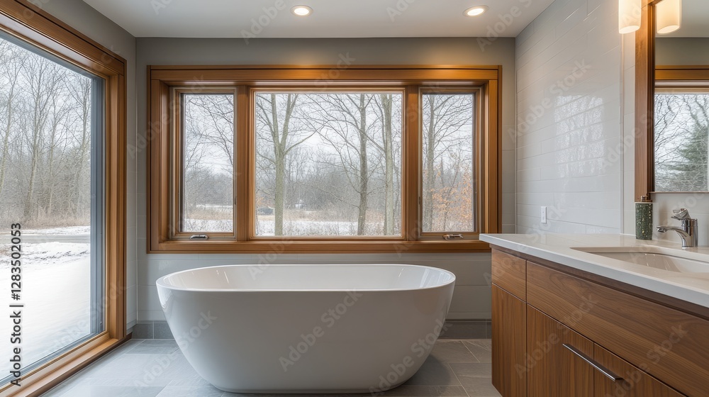 Fototapeta premium A sleek, finished bathroom expansion with a soaking tub, subtle lighting, and wooden accents for a warm, cozy feel.