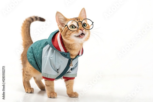 Adorable Cat Wearing a Jacket and Glasses on White Background