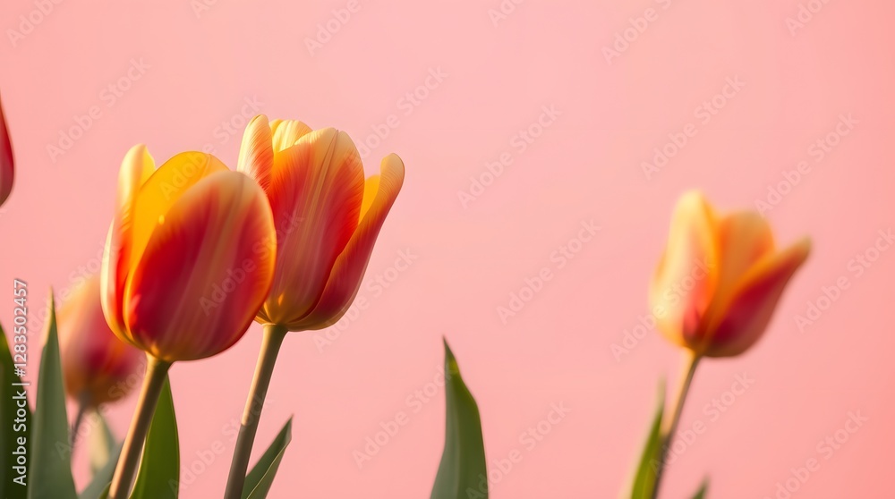 Close up of bright tulips in full bloom against a soft pink to blush gradient background. Perfect for nature-themed content or the like. Close up of bright tulips in full bloom against a soft pink to blush gradient background. Perfect for nature-themed content or the like.