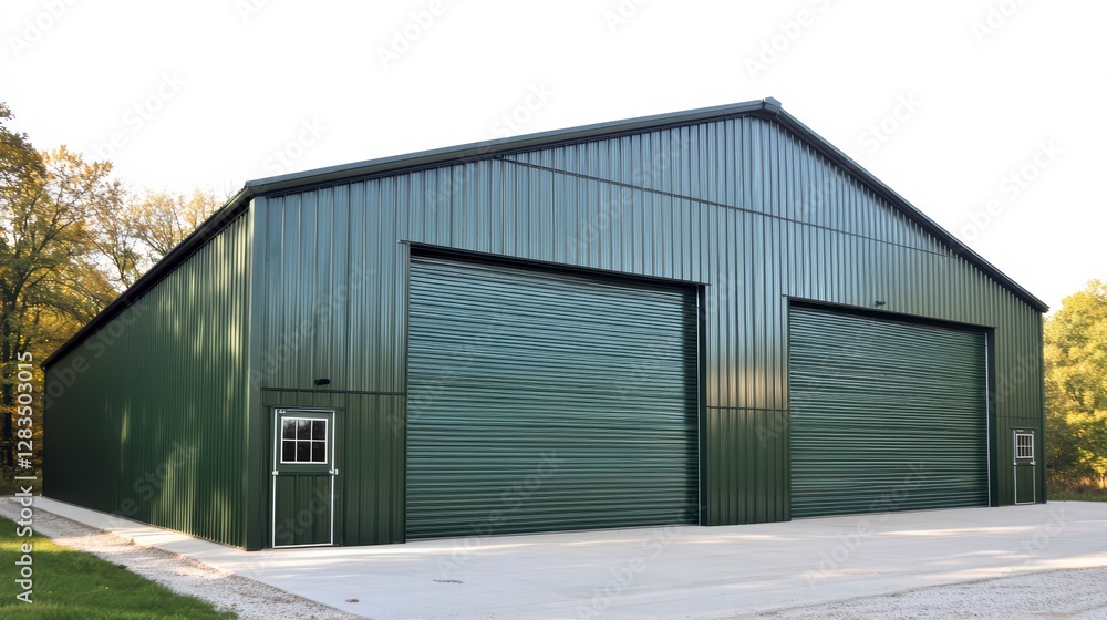 Modern Industrial Facade: A striking modern industrial building featuring two prominent garage doors, set against a backdrop of serene natural surroundings. The metallic finish catches the light. Modern Industrial Facade: A striking modern industrial building featuring two prominent garage doors, set against a backdrop of serene natural surroundings. The metallic finish catches the light.