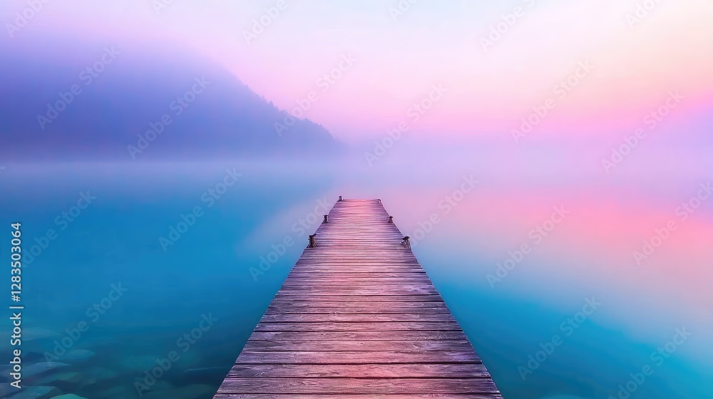 Fototapeta premium Misty lake sunrise wooden pier, tranquil scene, peaceful morning, scenic view, perfect for relaxation, calming atmosphere, inspiring views