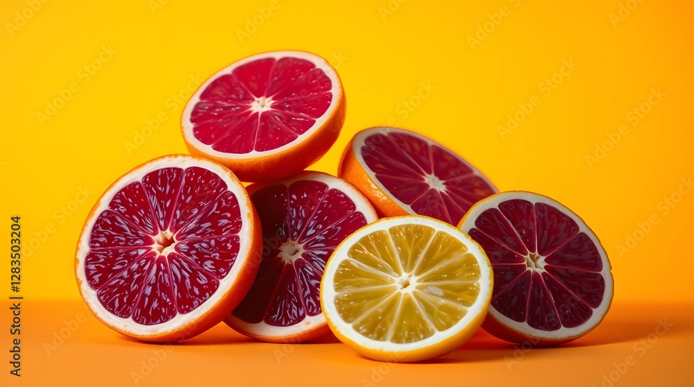 Fototapeta premium Deep ultraviolet photograph of sliced citrus fruitsorange, grapefruit, lemonon a yellow to orange gradient background. Vivid purples, high contrast