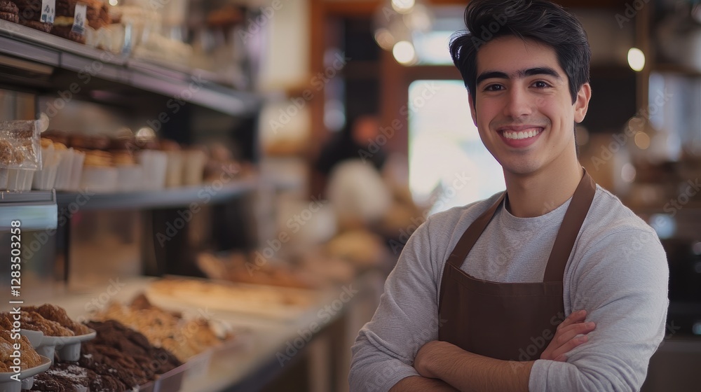 Young male barista smiling at bakery counter with fresh pastries and coffee, enjoying job and customer interaction in cozy café setting. Young male barista smiling at bakery counter with fresh pastries and coffee, enjoying job and customer interaction in cozy café setting.