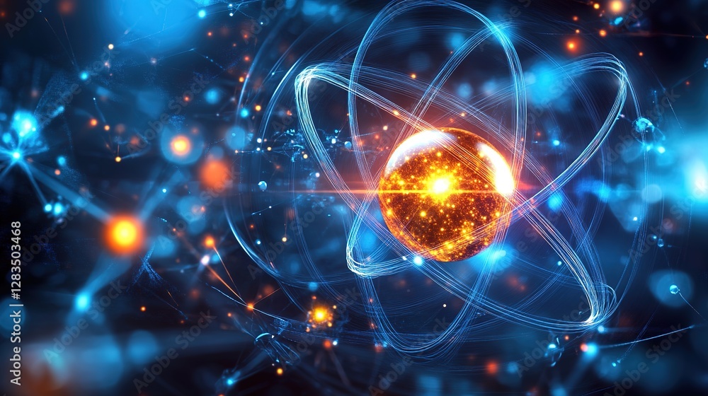 Fototapeta premium Microscopic view of fundamental particles, glowing atomic structure, soft focus scientific background, particle physics concept