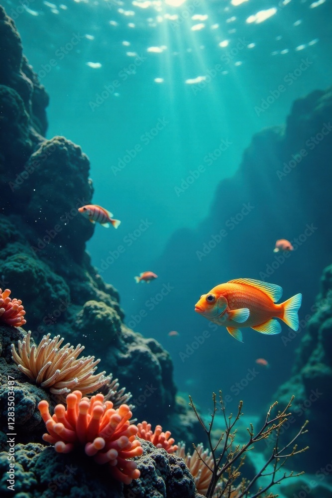 Naklejka premium Fish and seaweed floating on surface of calm ocean waves , calm ocean, ocean plants, fish