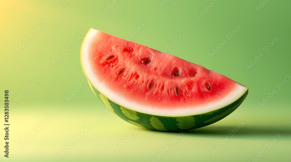 A close-up single watermelon slice on a light to dark green gradient background. Electric vivid colors A close-up single watermelon slice on a light to dark green gradient background. Electric vivid colors