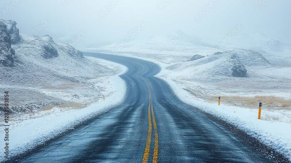 Winding snowy road, Iceland landscape, foggy travel Winding snowy road, Iceland landscape, foggy travel